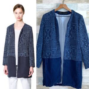 Zara Aztec Jacquard Duster Jacket Blue Open Textured Cotton Linen Womens Small